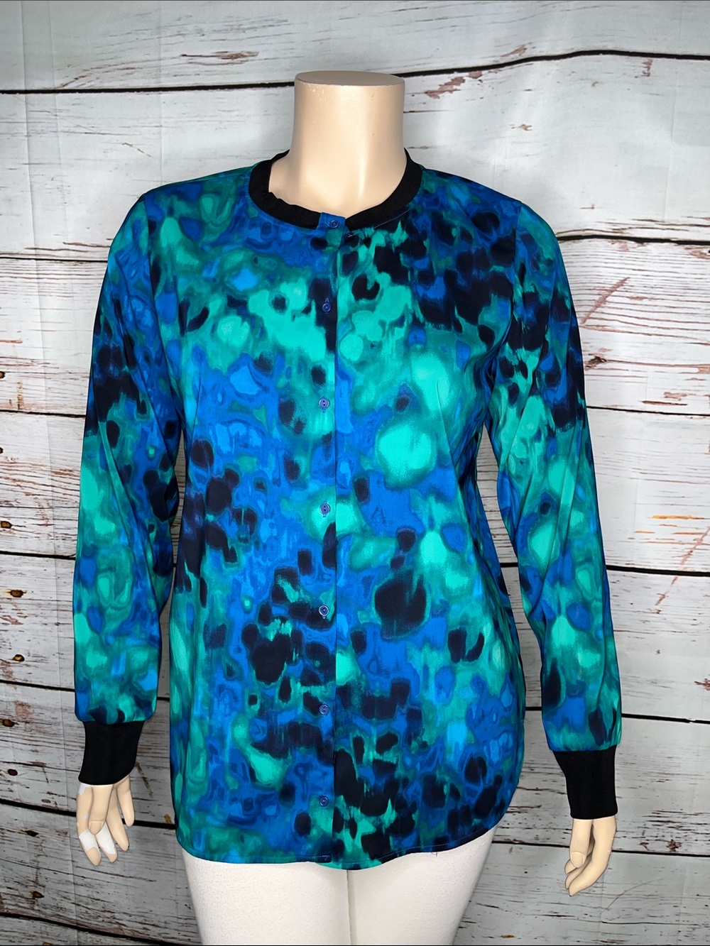 Joan Vass Size XL Blue & Black Abstract Print Button Up Blouse Top
